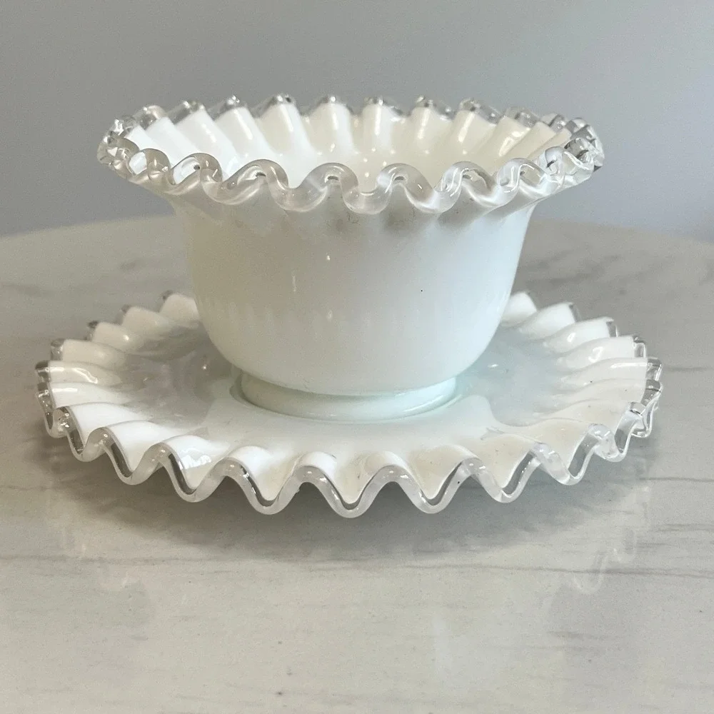 Fenton Silver Crest Bowl Ruffled Edge Mayonnaise‎ Bowl Underplate Milk Glass Vtg